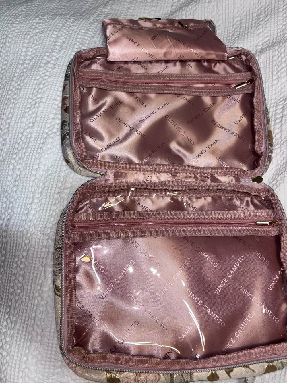 Vince Camuto Floral Jacquard Pink and Gold Women's Hanging Makeup Bag